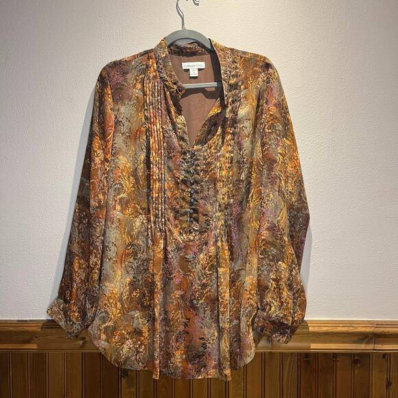 Coldwater Creek Women's Floral Popover Blouse Sz 1X Brown Fall Casual - Picture 1 of 6